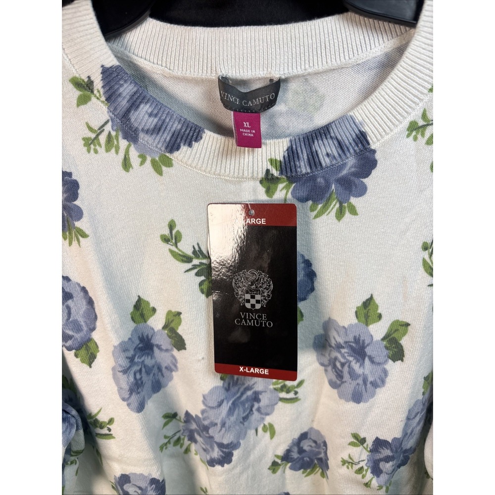 Vince Camuto Blue Floral Short Sleeve Sweater Crew Neck XL Pullover - Picture 6 of 6